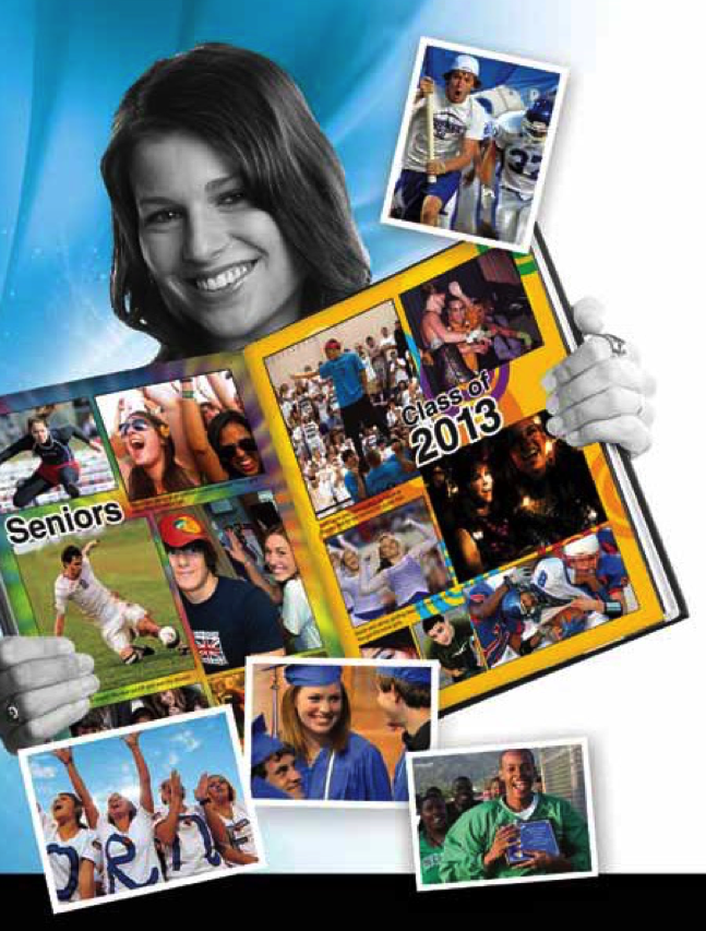 Girl holding a yearbook showing sample recognitions ads 